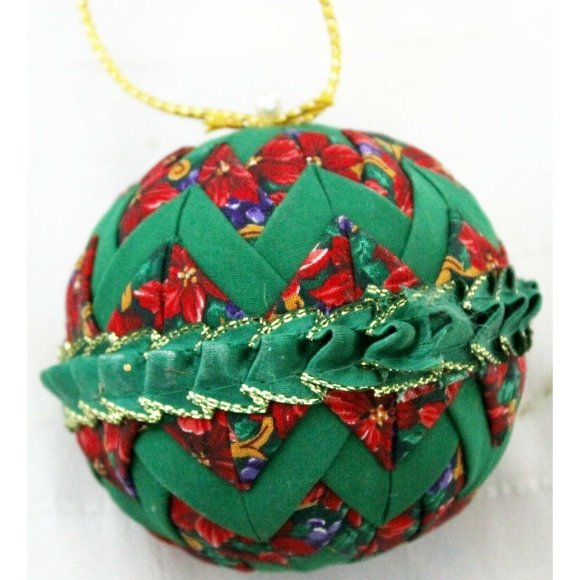 Quilted Christmas Ornament Green Red Floral Pattern Poinsettias Ribbon Decorated - Picture 6 of 8